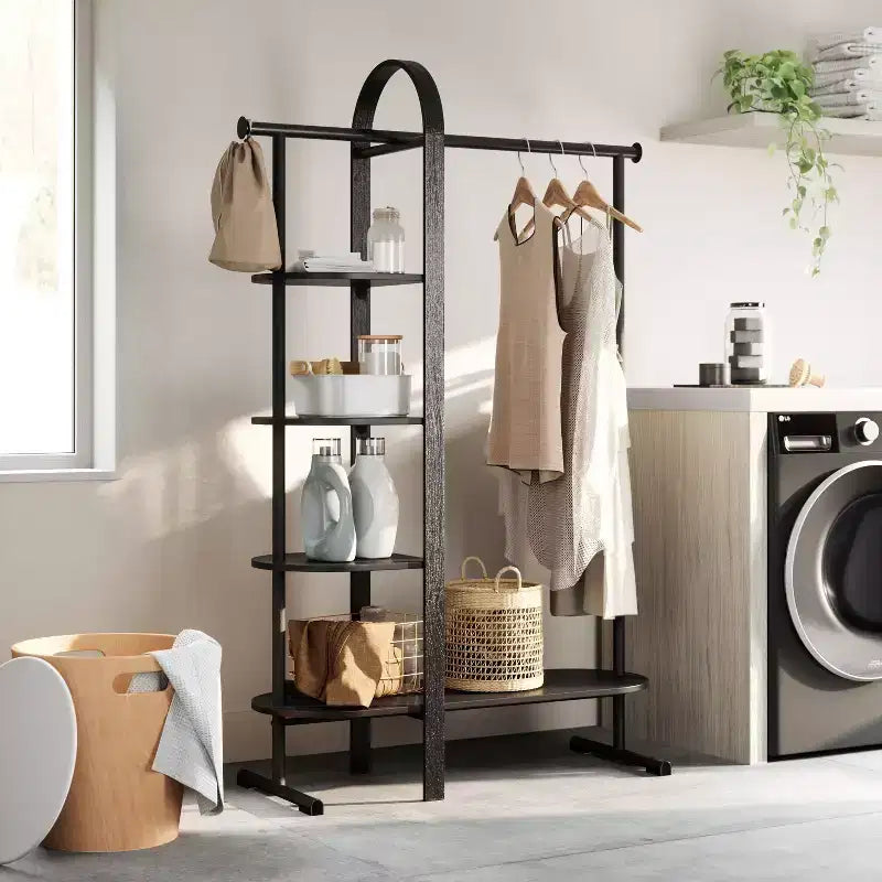 Portant à vêtements Eucalyptus, noir, tringle fixe et 4 étagères, 167 cm H, capacité de 55 kg
