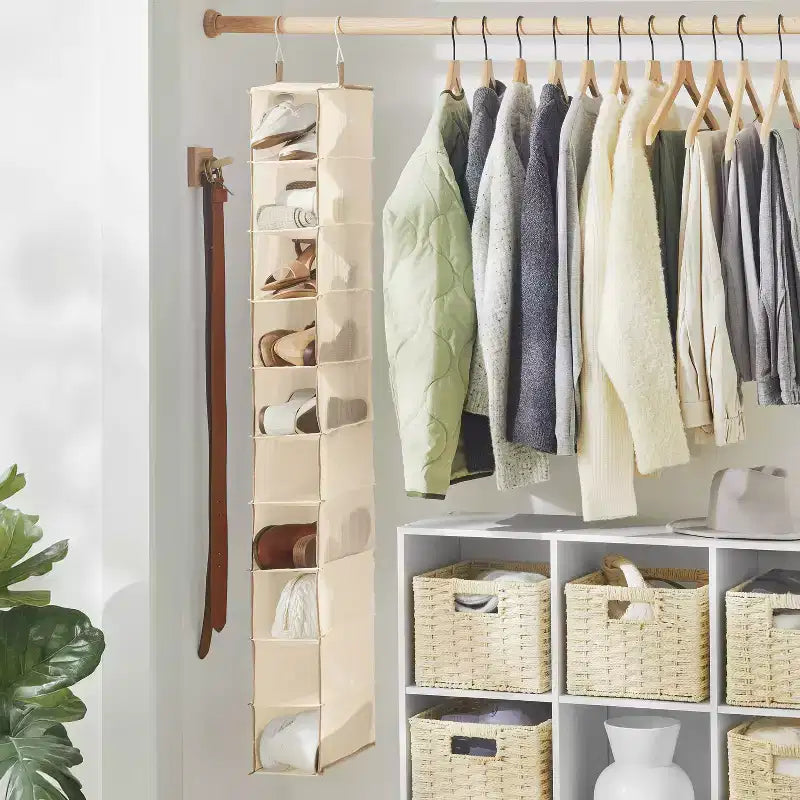 10-Shelf Hanging Shoe Storage Organizer, Tan Fabric, 52" H