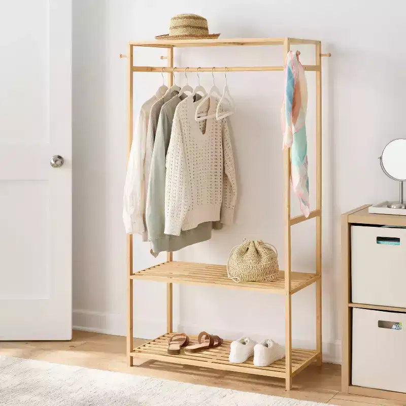 Bamboo Garment Rack with 2 Shelves & Top Rack, 40 lb Capacity, 60" H