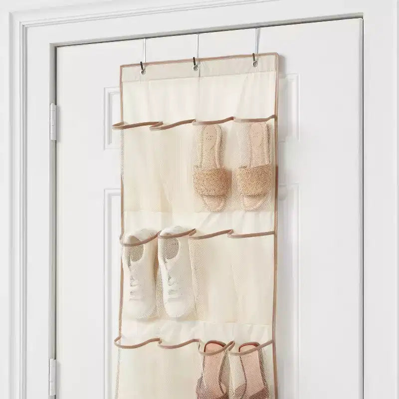 16-Shelf Over-the-Door Shoe Organizer, Clear Mesh, Recycled PET, 10 lb Capacity