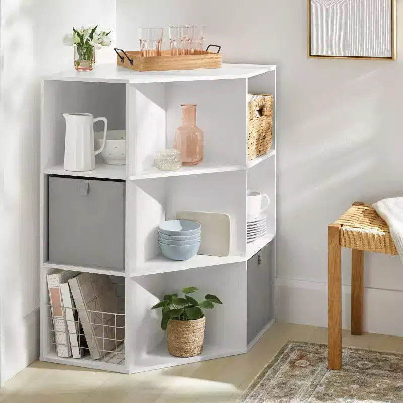 11" 9-Cube Corner Bookshelf Organizer, White, 36" H