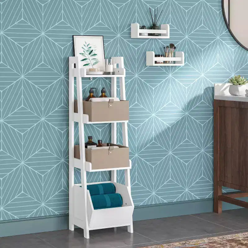 4-Tier 13" Ladder Display Shelf with Storage Organizer Bin, White
