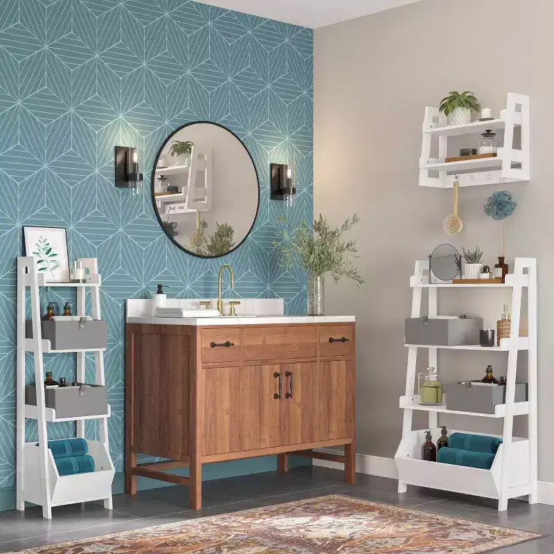 4-Tier 13" Ladder Display Shelf with Storage Organizer Bin, White