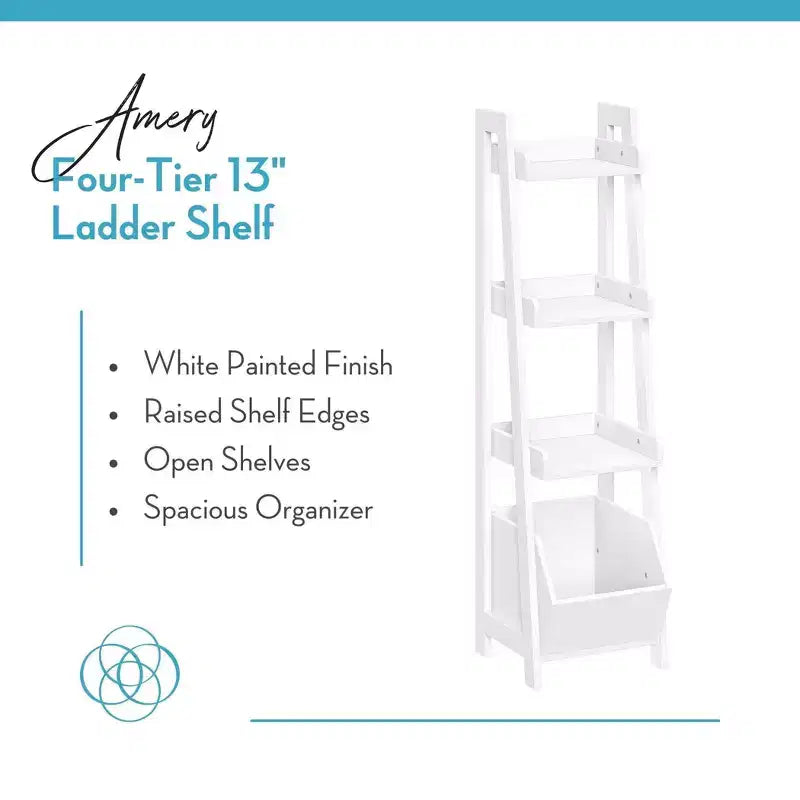 4-Tier 13" Ladder Display Shelf with Storage Organizer Bin, White