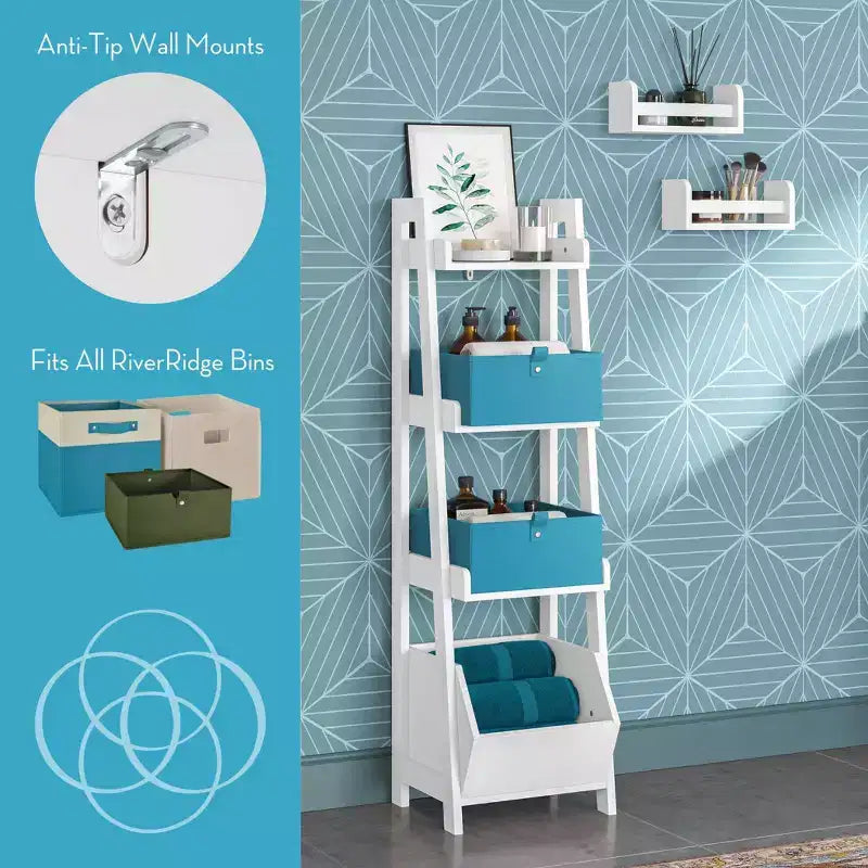 4-Tier 13" Ladder Display Shelf with Storage Organizer Bin, White