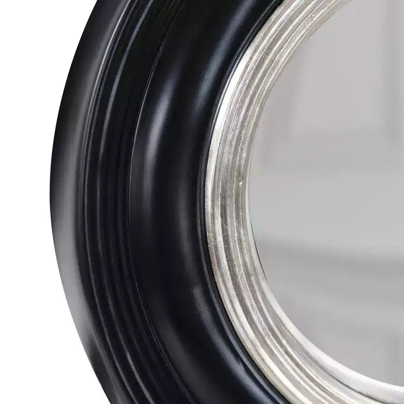 14" Round Convex Accent Wall Mirror, Matte Black with Silver Inset
