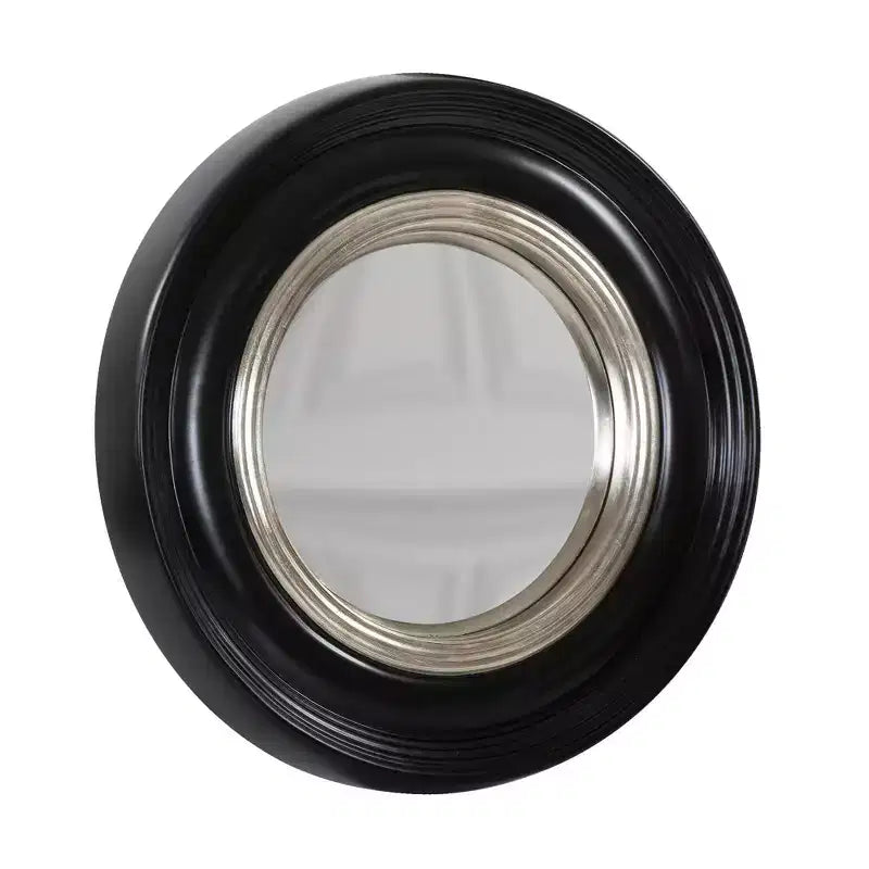 14" Round Convex Accent Wall Mirror, Matte Black with Silver Inset