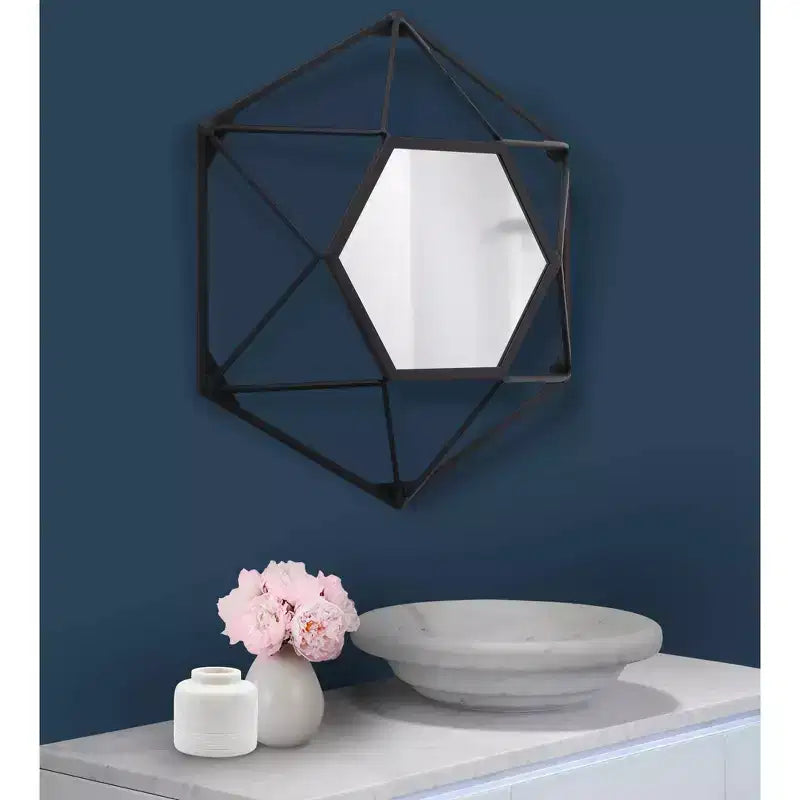 16x16 Metal Framed 3D Geometric Wall Mirror, Matte Black