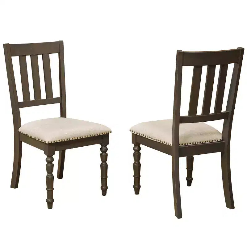 Set of 2 Upholstered Dining Chairs, Slat-Back, Nail-Head Trim & Carved Legs, Beige