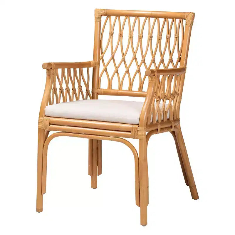 Bohemian Natural Rattan Arm Chair with Removable Cushion, Light Honey