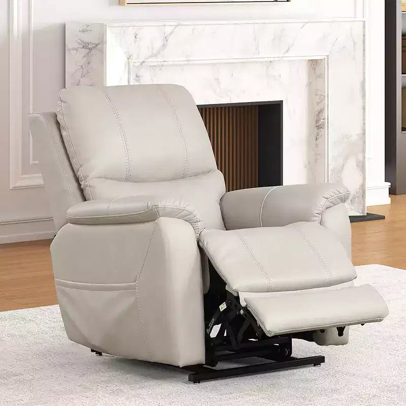 Fauteuil releveur inclinable électrique, similicuir, appui-tête breveté, 3 zones de chauffage et port USB, gris clair