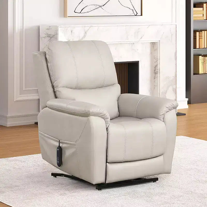 Power Recliner Lift Chair, Leatherette, Patented Headrest, 3-Zone Heat & USB Port, Light Gray