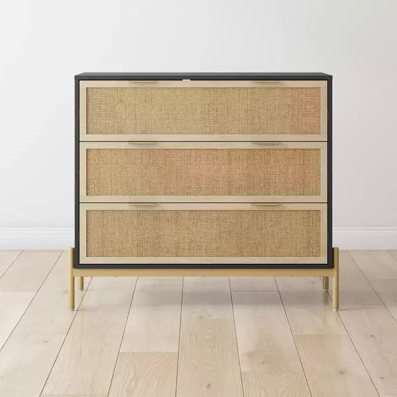 3-Drawer Rattan Dresser with Metal Legs & Safety Interlock, Black/Light Oak