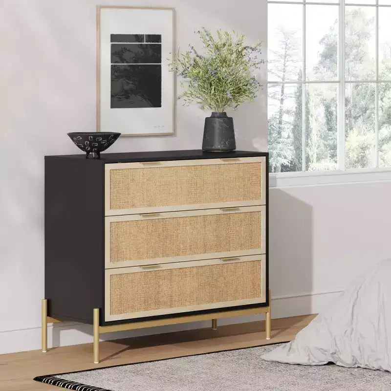 3-Drawer Rattan Dresser with Metal Legs & Safety Interlock, Black/Light Oak