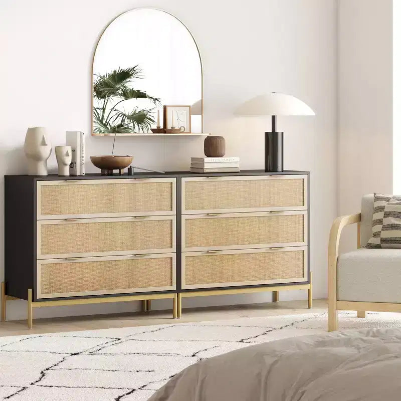 3-Drawer Rattan Dresser with Metal Legs & Safety Interlock, Black/Light Oak