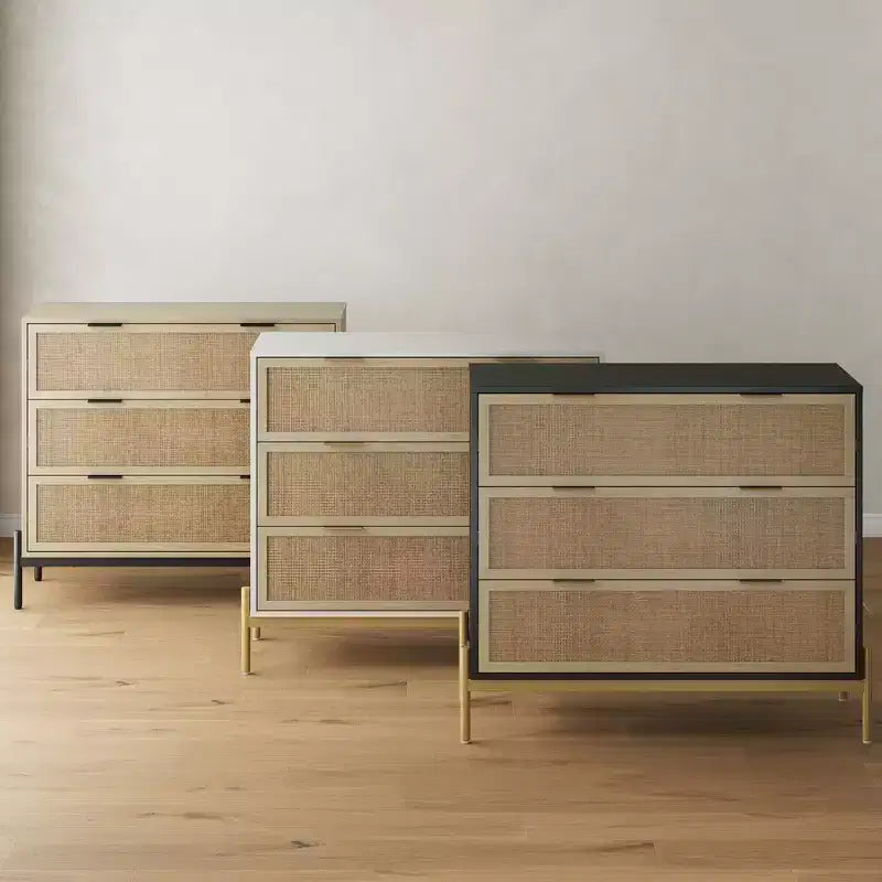 Commode 3 tiroirs en rotin avec pieds en métal et verrou de sécurité, Noir/Chêne clair
