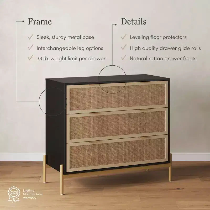 Commode 3 tiroirs en rotin avec pieds en métal et verrou de sécurité, Noir/Chêne clair