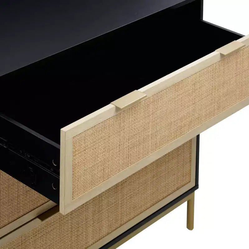 Commode 3 tiroirs en rotin avec pieds en métal et verrou de sécurité, Noir/Chêne clair
