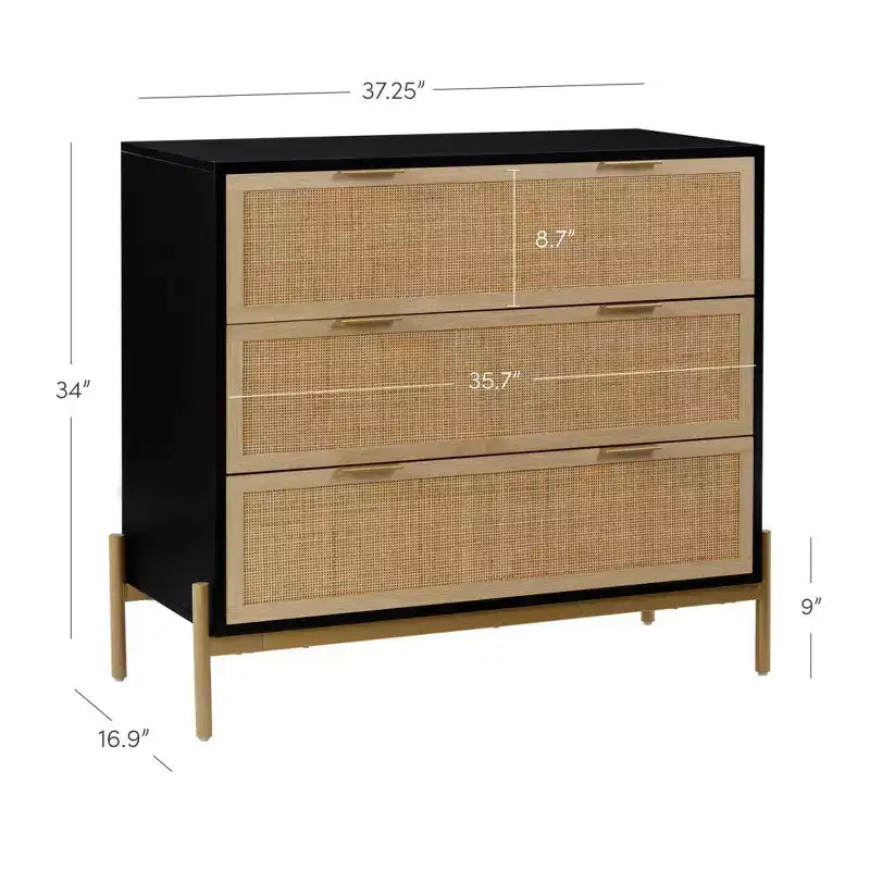 Commode 3 tiroirs en rotin avec pieds en métal et verrou de sécurité, Noir/Chêne clair