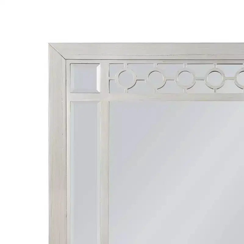 Miroir de commode rectangulaire, finition argentée, verre biseauté et bordure géométrique, 31 po H