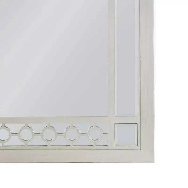 Miroir de commode rectangulaire, finition argentée, verre biseauté et bordure géométrique, 31 po H