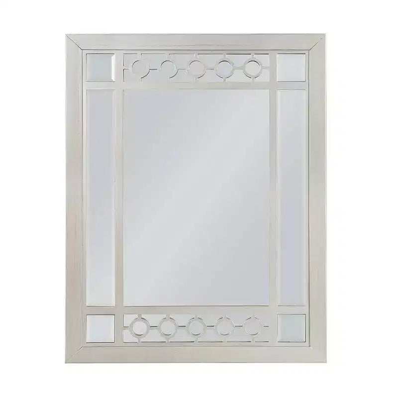Miroir de commode rectangulaire, finition argentée, verre biseauté et bordure géométrique, 31 po H