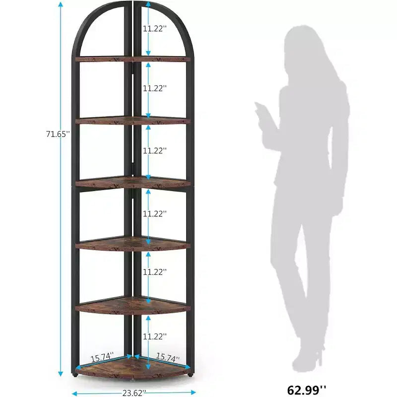 70.87" Tall 6-Tier Corner Bookcase Shelf, Metal Frame, Brown