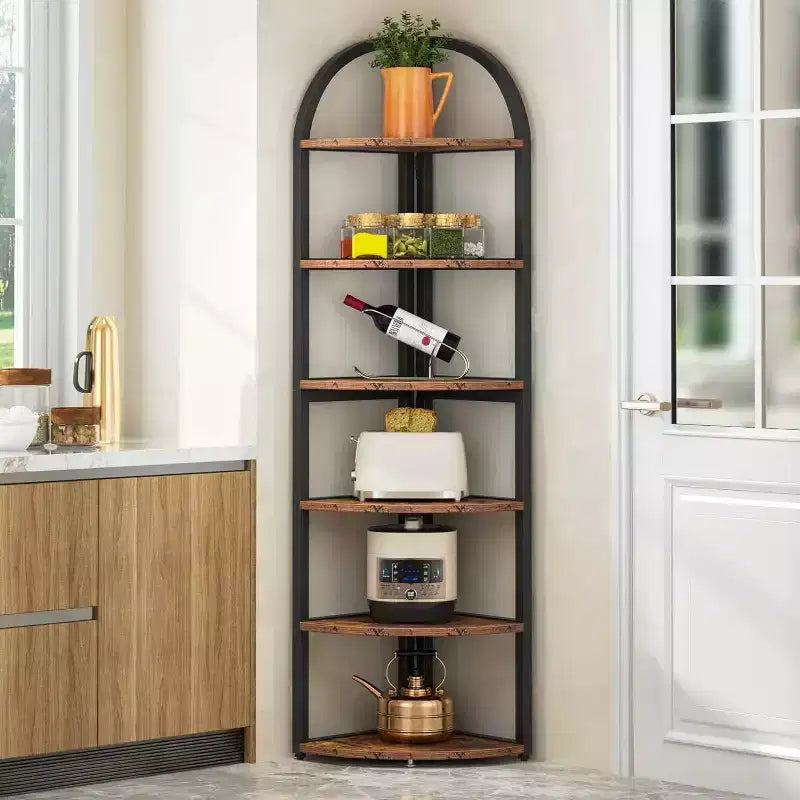 70.87" Tall 6-Tier Corner Bookcase Shelf, Metal Frame, Brown