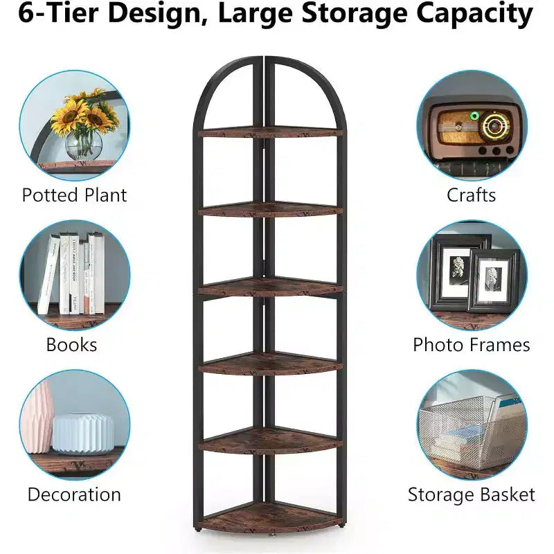 70.87" Tall 6-Tier Corner Bookcase Shelf, Metal Frame, Brown