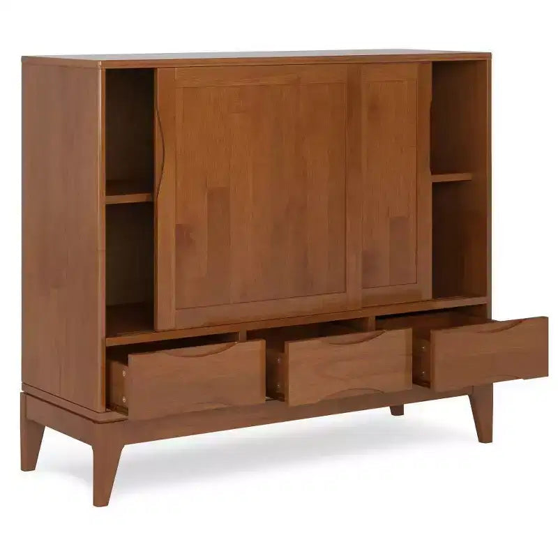 Mid-Century Modern Storage Cabinet, 2 Sliding Doors, 3 Drawers & 2 Shelves, Teak Brown