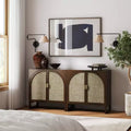 Meuble de rangement bohème en bois avec 2 portes en rotin cintrées et étagères réglables, marron foncé