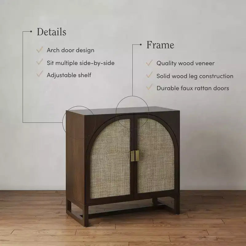 Boho Wood Storage Cabinet with 2 Arched Rattan Doors & Adjustable Shelves, Dark Brown