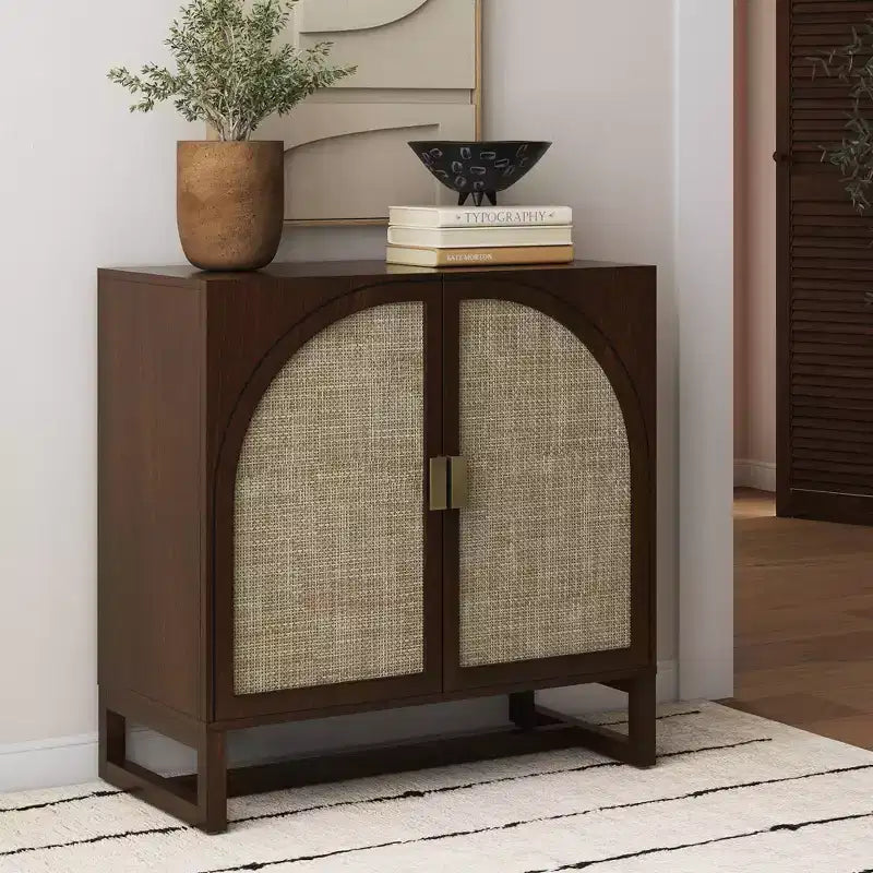 Boho Wood Storage Cabinet with 2 Arched Rattan Doors & Adjustable Shelves, Dark Brown