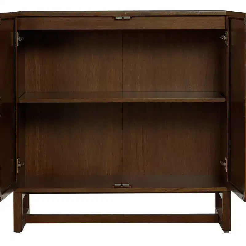 Meuble de rangement bohème en bois avec 2 portes en rotin cintrées et étagères réglables, marron foncé