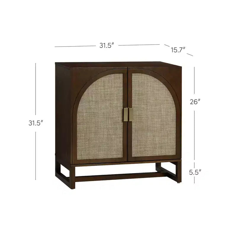 Meuble de rangement bohème en bois avec 2 portes en rotin cintrées et étagères réglables, marron foncé
