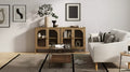 Meuble console avec portes en verre trempé incurvé et poignées en laiton, marron, 79 cm L