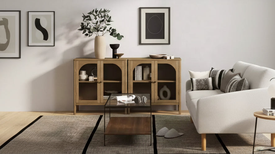 Console Cabinet with Curved Tempered Glass Doors & Brass Handles, Brown, 31.1" W