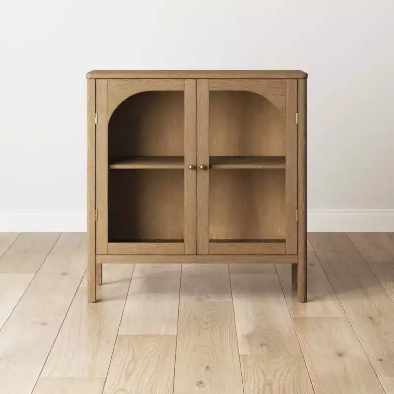 Console Cabinet with Curved Tempered Glass Doors & Brass Handles, Brown, 31.1" W