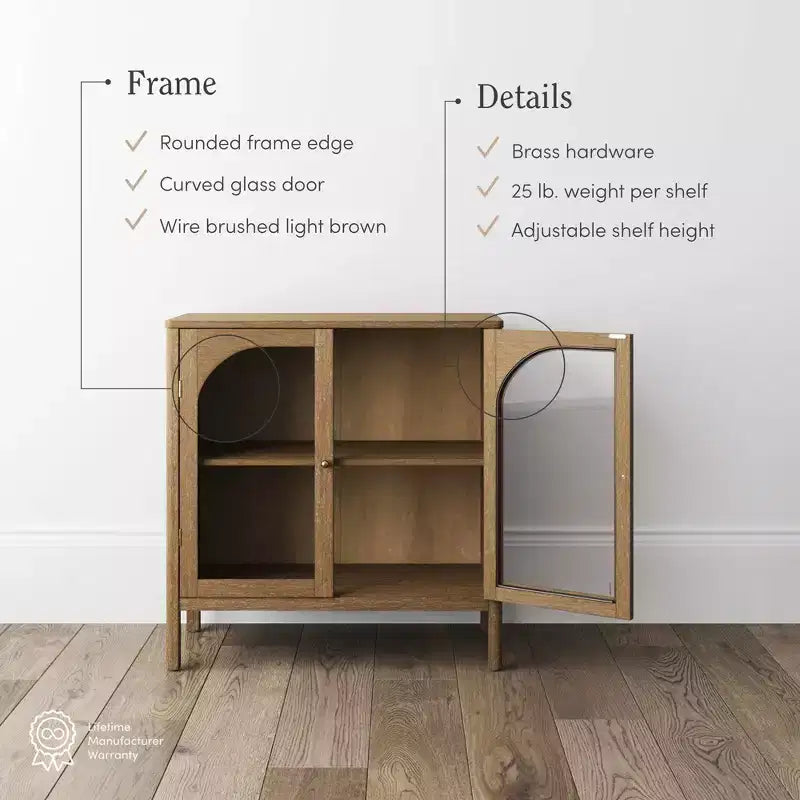 Console Cabinet with Curved Tempered Glass Doors & Brass Handles, Brown, 31.1" W