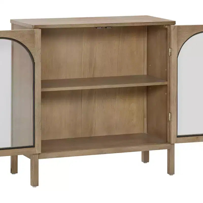 Meuble console avec portes en verre trempé incurvé et poignées en laiton, marron, 79 cm L