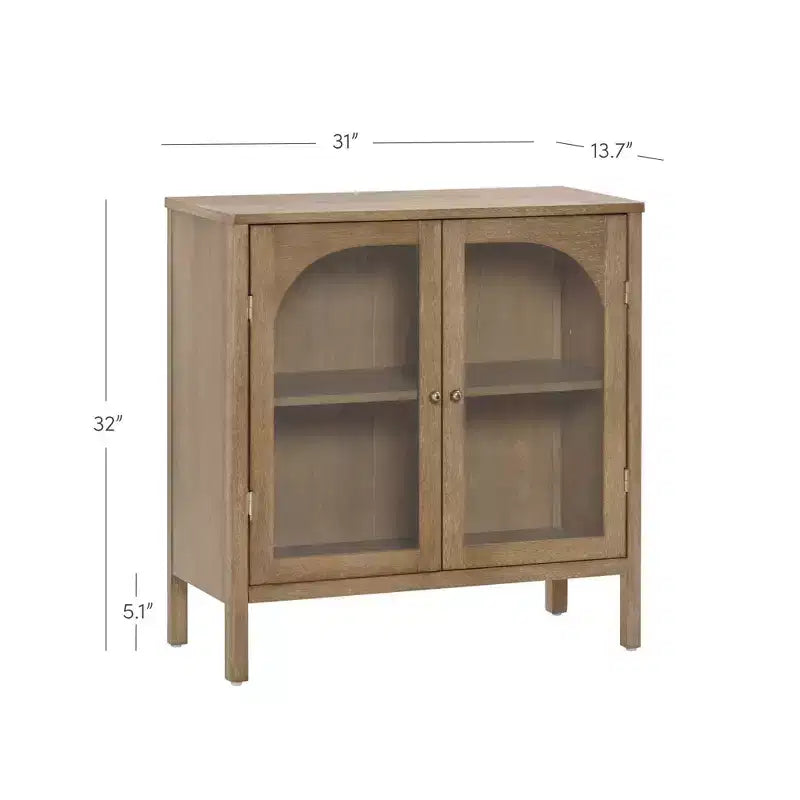 Meuble console avec portes en verre trempé incurvé et poignées en laiton, marron, 79 cm L