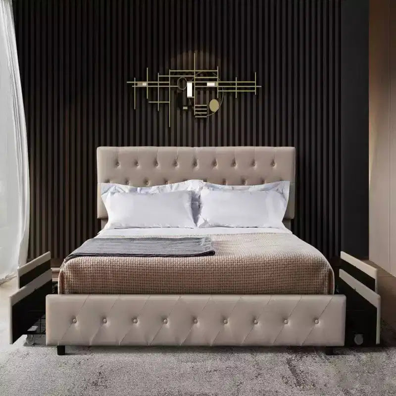 Twin Platform Storage Bed with 4 Drawers & Tufted Headboard, Beige