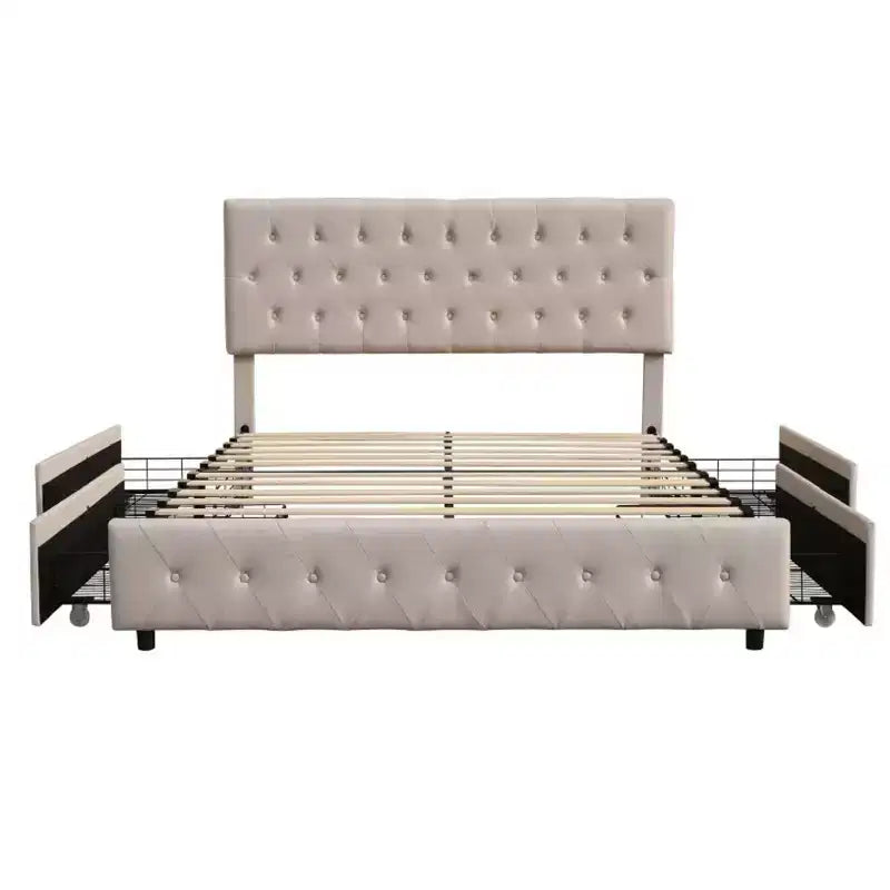 Twin Platform Storage Bed with 4 Drawers & Tufted Headboard, Beige