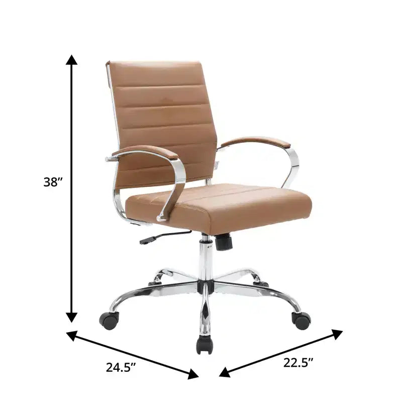 Fauteuil de bureau en cuir côtelé – Chaise de bureau exécutive pivotante et inclinable moderne du milieu du siècle, piètement chromé
