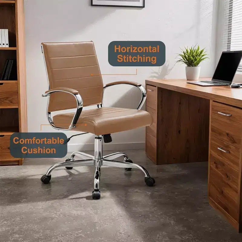 Fauteuil de bureau en cuir côtelé – Chaise de bureau exécutive pivotante et inclinable moderne du milieu du siècle, piètement chromé