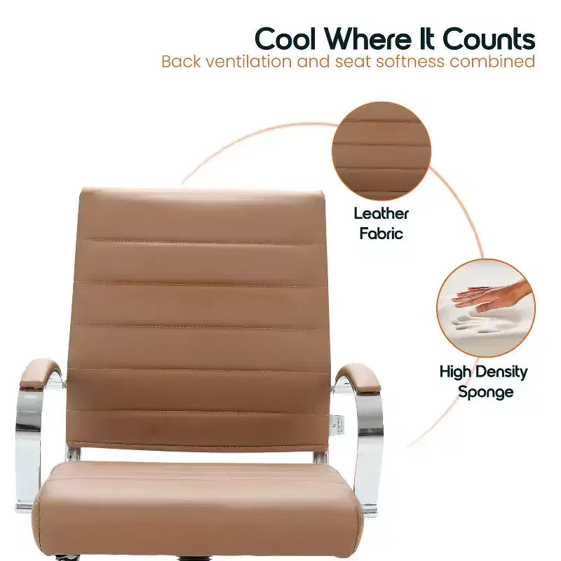 Fauteuil de bureau en cuir côtelé – Chaise de bureau exécutive pivotante et inclinable moderne du milieu du siècle, piètement chromé