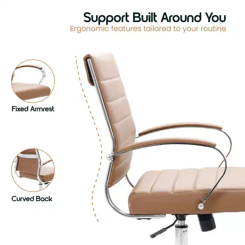 Fauteuil de bureau en cuir côtelé – Chaise de bureau exécutive pivotante et inclinable moderne du milieu du siècle, piètement chromé