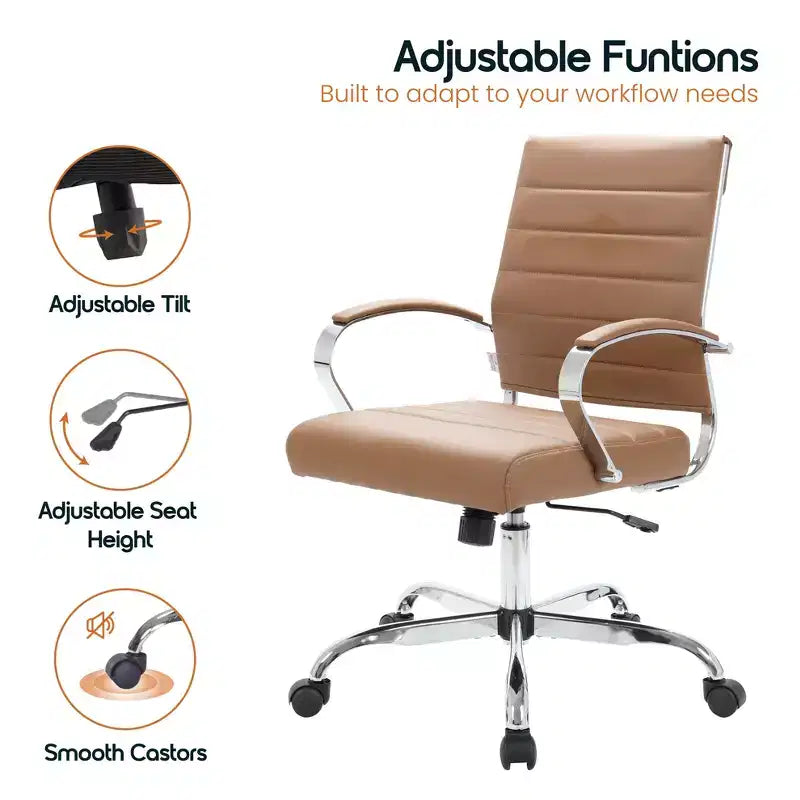 Fauteuil de bureau en cuir côtelé – Chaise de bureau exécutive pivotante et inclinable moderne du milieu du siècle, piètement chromé