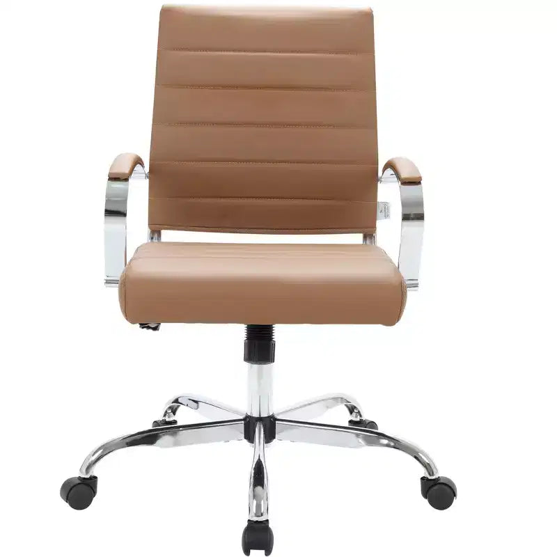 Fauteuil de bureau en cuir côtelé – Chaise de bureau exécutive pivotante et inclinable moderne du milieu du siècle, piètement chromé