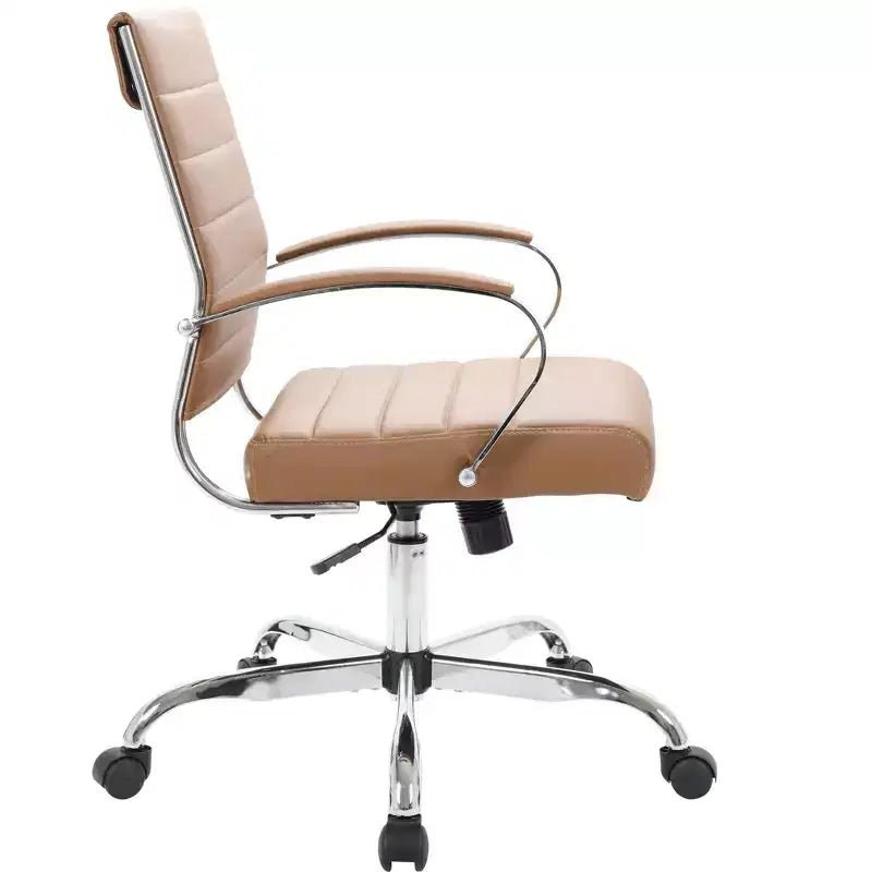 Fauteuil de bureau en cuir côtelé – Chaise de bureau exécutive pivotante et inclinable moderne du milieu du siècle, piètement chromé